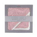 Hooded towel and washcloth set in pink pearl polka dot