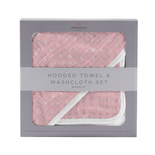 Hooded towel and washcloth set in pink pearl polka dot